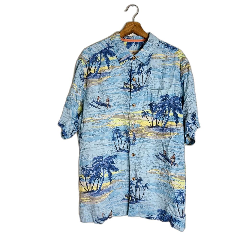 Tommy Bahama Shirt Mens Large Blue Silk Hawaiian Button Up Tropical Island Print